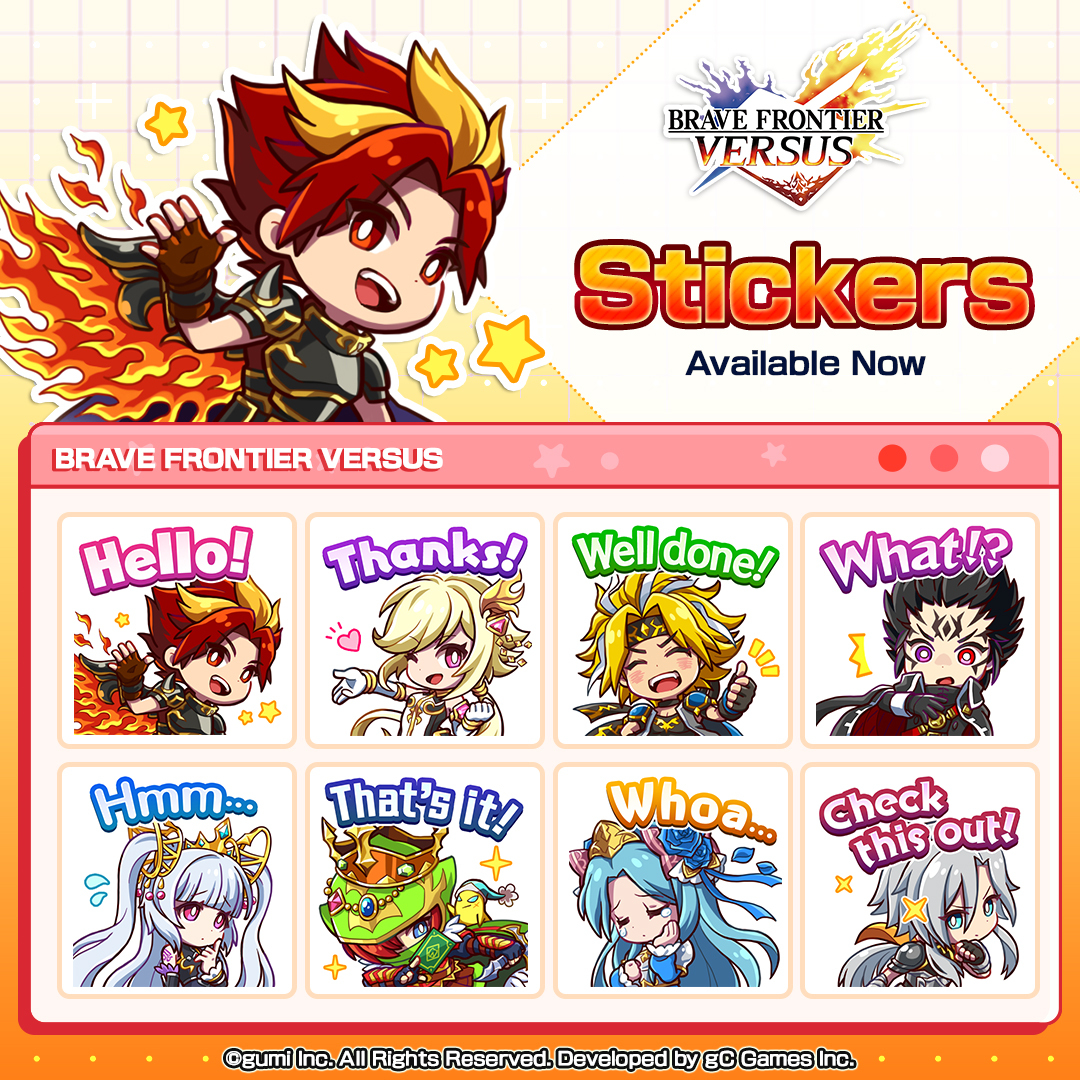 bfvs_en's tweet image. 😎⚔️ It is time to power up your chats with our cute #BraveFrontierVersus sticker pack! Grab them now! 
#StickerPack #DownloadNow 🎉