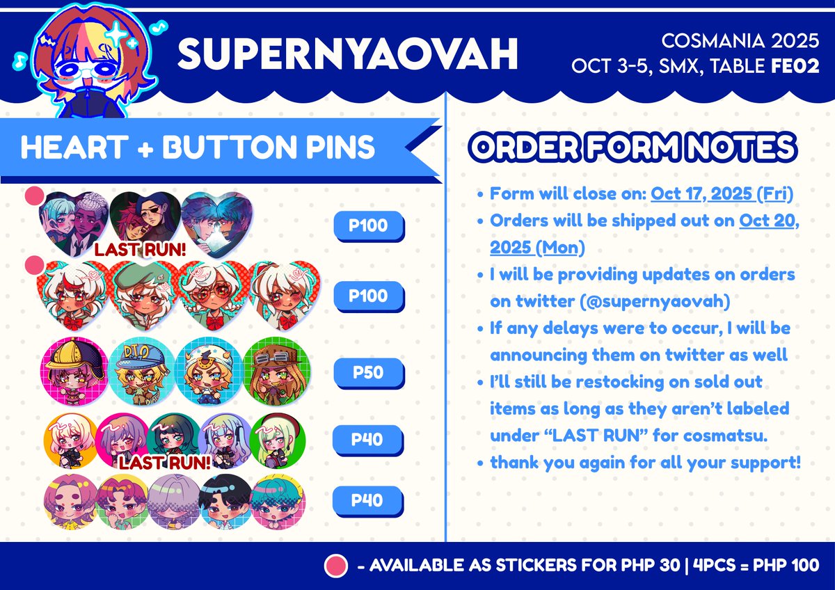 [RTs💗] 

hallow!!:3 post-con order form is now open!! 🎉🎉🎉 for local buyers only for now :'3c 

a bunch of stuff on their last run now to make more room for new merch! 🙏

shop will be open until Oct. 17, 2025 (Friday) ‼

order form: forms.gle/RVfVvdnF23xCdS…