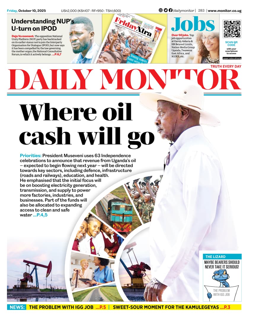President Museveni announced that revenue from Uganda’s oil, expected to begin flowing next year, will be directed towards defence, infrastructure, education, and health.  

For these and more stories read the e-paper at:  bit.ly/3JMGP8q?utm_me…      
#TruthEveryday