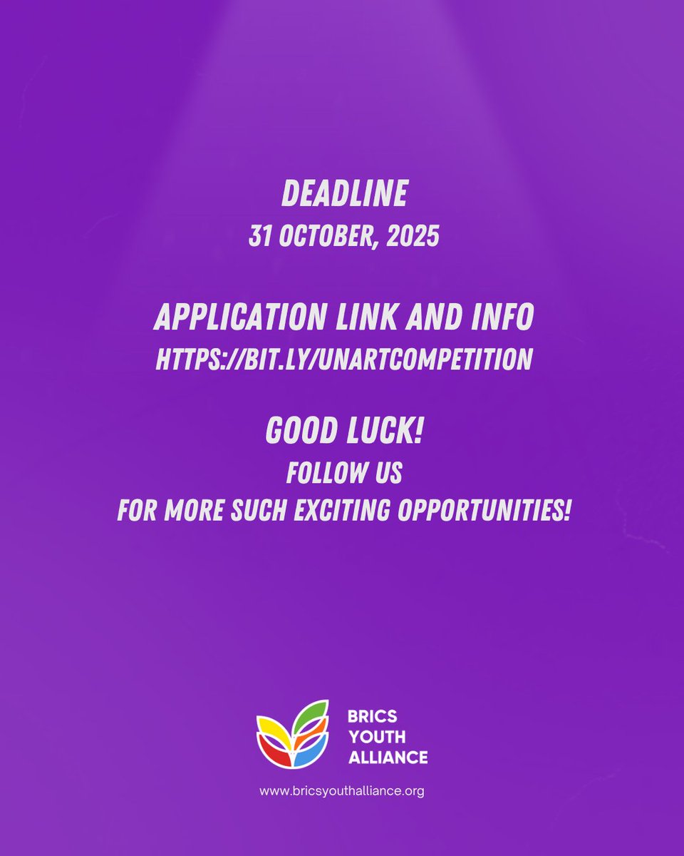 🎨 Youth Multimedia Arts Competition 2025: Envisioning a World Free from Nuclear Weapons! 🌍

Open to youth (18–29) from ASEAN &amp; Timor-Leste.

🏆 Win trips to Hiroshima &amp; Bangkok!
📅 Apply by 31 Oct 2025: bit.ly/unartcompetiti…
#YouthForPeace #UNRCPD #BRICSYouthAlliance