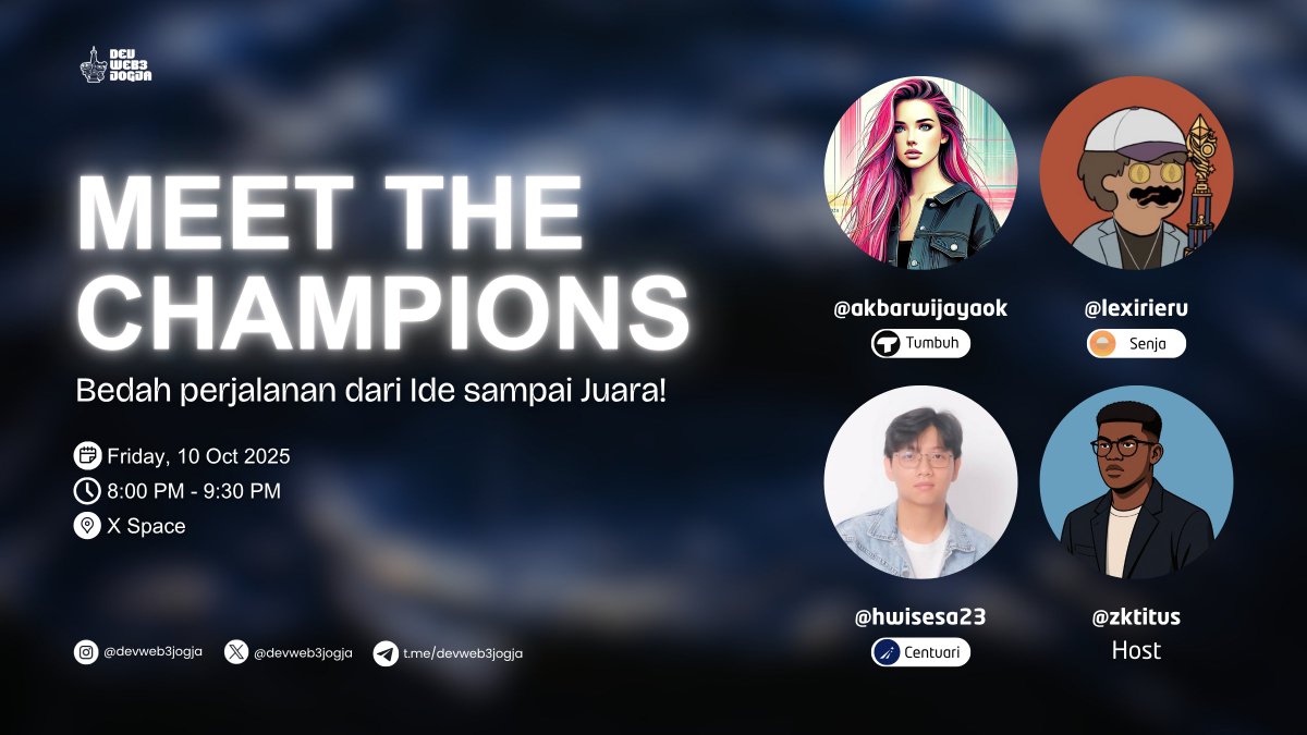 Nanti malam kita bakal ngadain space bersama para juara Hackathon, ada <a href="/CentuariLabs/">Centuari</a> <a href="/tumbuhfi/">Tumbuh</a> <a href="/SenjaLabs/">Senja</a> 

JANGAN SAMPAI KETINGGALAN!!!