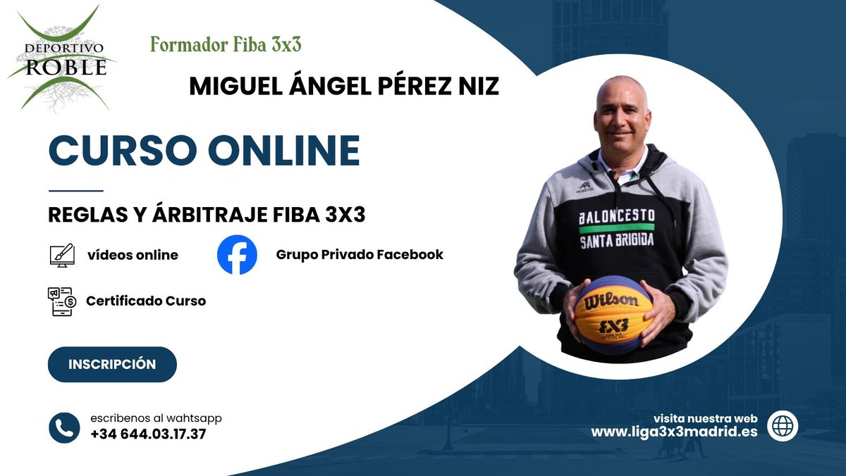 🚀 ¡Curso online de Reglas y Reglamento FIBA 3x3!
3 sesiones online + test de certificación 🧠
Del 10/10/25 al 28/03/26
👨‍🏫 Con Miguel Ángel Pérez Niz, árbitro internacional FIBA, ACB y Euroliga.
💸 50 € 
📲 Inscríbete 👉 forms.gle/NC8WBZj3MCqVhP…
#FIBA3x3  #Arbitraje3x3