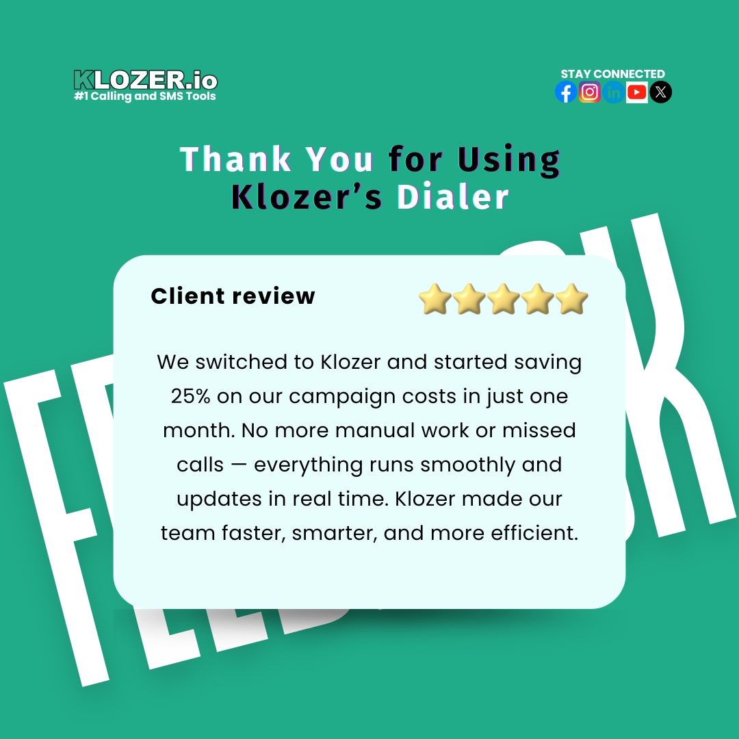 Klozer_io's tweet image. Saved 25% in just one month after switching to Klozer’s Dialer 
No missed calls. No manual work. Just smooth, real-time performance.
Work faster. Smarter. Better - with Klozer.

#KlozerDialer #CallCenter #SmartCalling #SalesTools #ClientFeedback