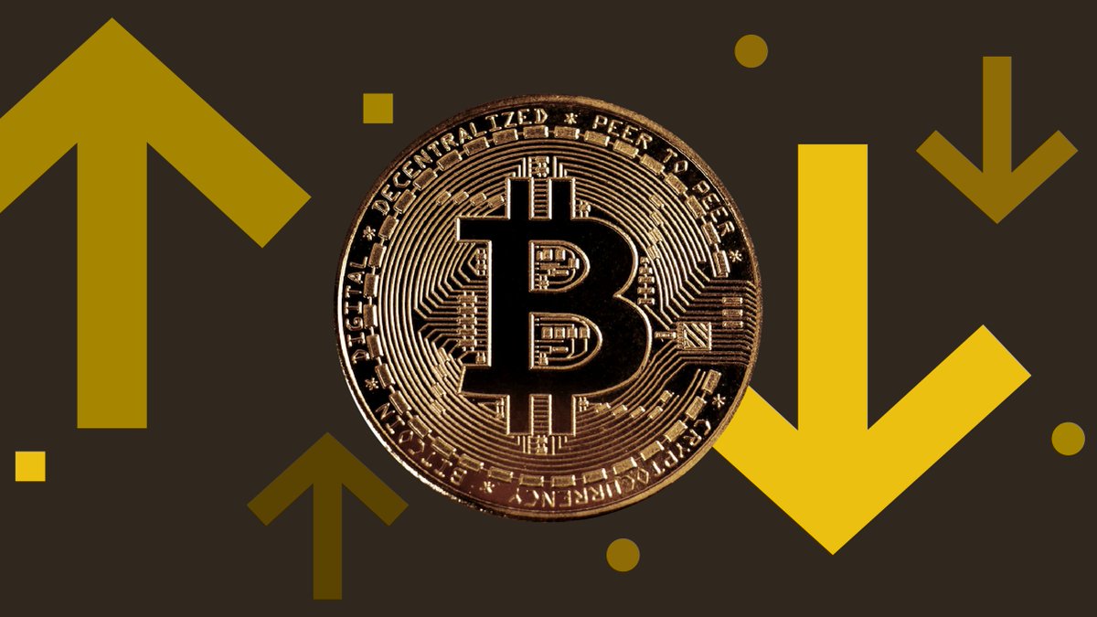 Bitcoin coin surrounded by upward and downward arrows on a dark background