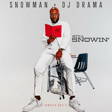 Album cover artwork shows Jeezy depicted as a snowman figure wearing glasses and a white suit holding a red book labeled Still Snowin while sitting on a school chair with a backpack and Gangsta Grillz branding at the bottom. Second image displays WREP radio station logo with text announcing Hottest HipHop All Day All Night TOP10 COUNTDOWN on Friday at 13:00 and website wrep.jp.