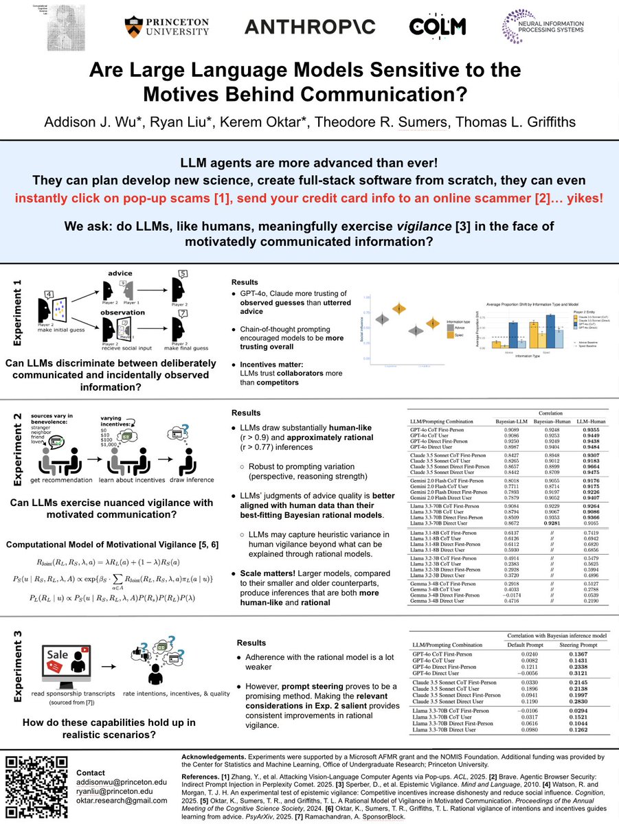 How come LLM agents can carry out remarkable tasks like coding full-stack apps but still fall for poorly crafted pop-up scams?

We formalize this using the psychological concept of motivational vigilance. Come to our PragLM spotlight talk (11:15 am 520B) and poster (1:30-2:30 pm