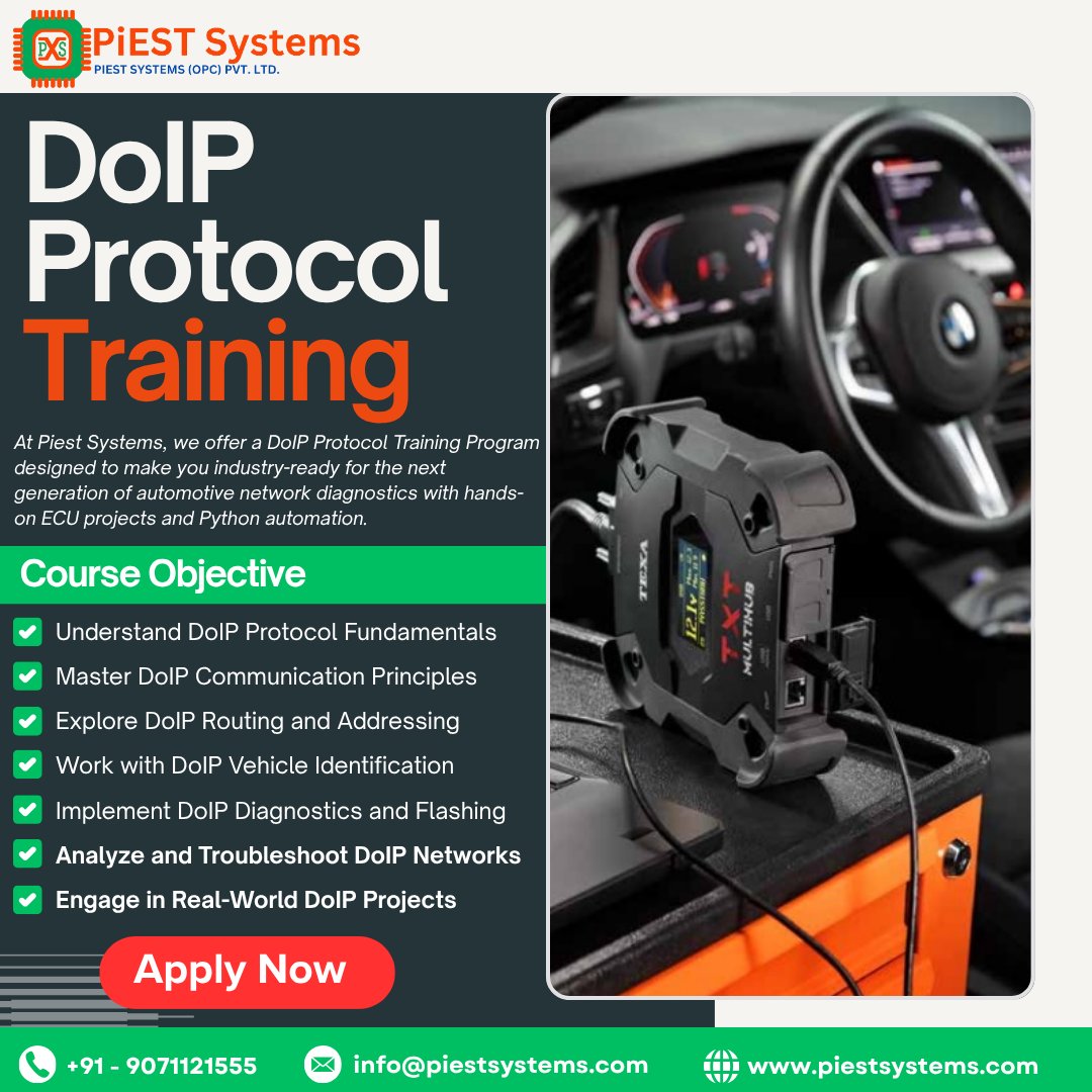 piestsystems's tweet image. Master the DoIP Protocol (Diagnostics over Internet Protocol 

📞 Call Now: +91-9071121555
 💬 WhatsApp: wa.me/9071121555
 🌐 Visit:  piestsystems.com/doip-protocol-… 
 📧 Mail: info@piestsystems.com

#DoIPProtocol #DiagnosticsOverIP #AutomotiveEmbedded #ISO13400