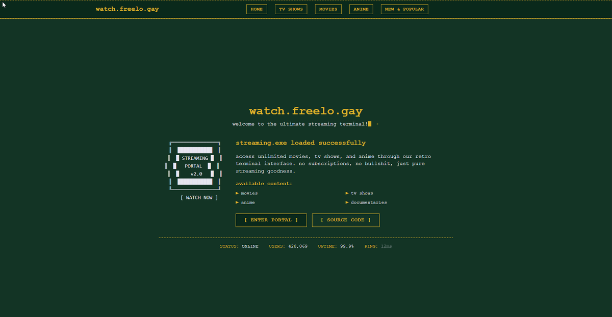 freeloaim's tweet photo. (re)introducing https://t.co/pIVrzJRix2.

access unlimited movies, tv shows, and anime through our retro terminal interface. no subscriptions, no bullshit, just pure streaming goodness. https://t.co/EfT4rSVkQ0