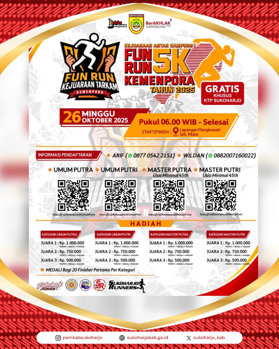 sukoharjo_kab's tweet photo. Dulur Makmur,
Ayo lurr, buruan daftar dan ikuti fun run 5k! untuk KTP Sukoharjo GRATIS lhooo..
timeline lengkap cek di postingan yaa lurr
#sukoharjomakmur
#sukoharjolebihmajuadildanbermartabat
#funrun5k https://t.co/U696eeyhMK