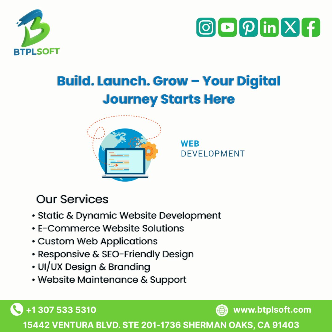 btplsoft's tweet photo. Build. Launch. Grow 🚀
Your digital journey starts here with BTPLSoft – your trusted partner in creating impactful websites and web solutions.
We specialize in:
💻 Custom Web Development
🛒 E-commerce Solutions
🎨 UI/UX Design &amp; Branding
⚙️ SEO-Friendly &amp; Responsive Designs https://t.co/OqjcmQI6pa