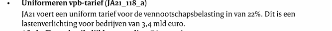 In het verkiezingsprogramma had JA21 een verlaging van de vennootschapsbelasting tot 20% (links). In de doorrekening een verlaging naar 22% (rechts). Hoezo? Waarom? Wat is er gebeurd?

[De 21 in de naam van JA21 is dan wel weer wel het gemiddelde van 20 en 22]