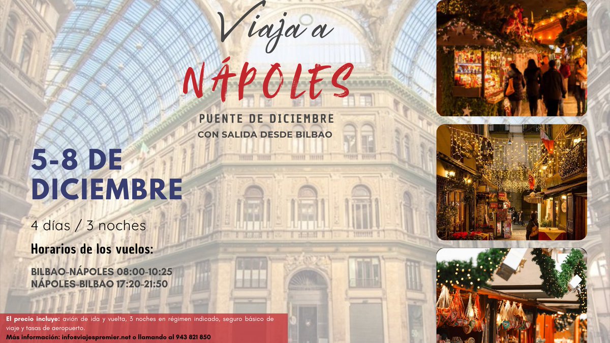 Escápada a Nápoles desde Bilbao!  Cultura, gastronomía italiana, historia milenaria… y el viaje perfecto para antes de Navidad.
👉Más info: info@viajespremier.net
viajespremier.net/tours/puente-d…