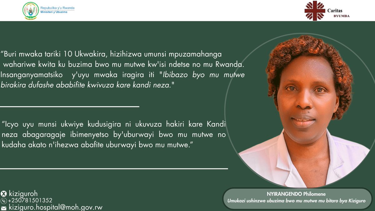 Uyu munsi ni umunsi mpuzamahanga wahariwe kwita ku buzima bwo mu mutwe.
 Uyu munsi twibukiranye ko nta buzima buzima tudafite ubuzima bwo mu mutwe buzima.
Twite ku buzima bwacu bwo mu mutwe nk'uko twita ku bindi bice by'umubiri.
#MentalHealthAwareness
