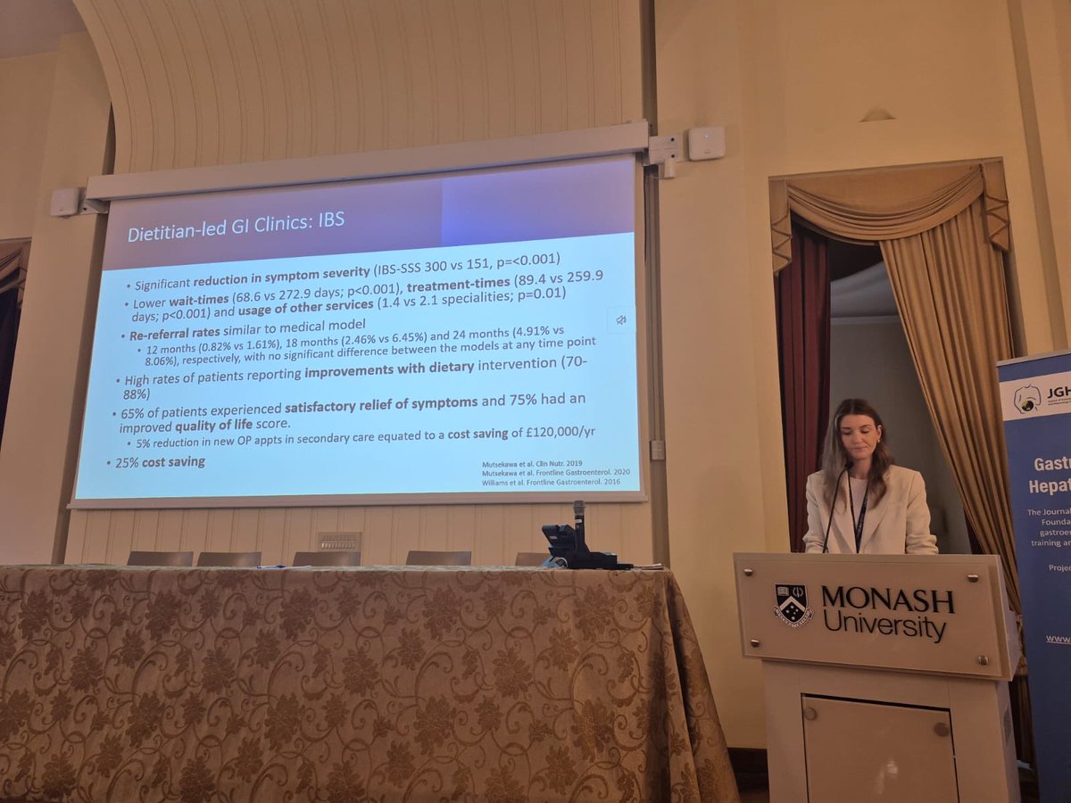 <a href="/sarahlmelton/">Sarah Melton</a> presenting on the benefits of dietitian-led GI clinics 

⬇️ waitlist time 
⬆️ access to diet therapies for GI condition 
⬆️ patient satisfaction
⬇️ costs

#GastroDiet2025 <a href="/MonashFODMAP/">Monash FODMAP</a>