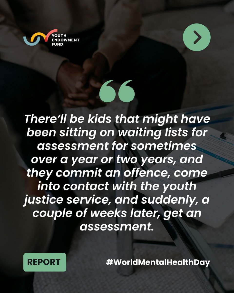 YouthEndowFund's tweet photo. New report alert: Young people at risk of violence are too often excluded from mental health support — unless they offend first.

The report was commissioned by the Youth Endowment Fund, as part of a wider partnership with @educationgovuk, looking at how well the system protects young people at risk of violence.

🔗 Read the full report https://t.co/2GOSw3ZTwj 

#WMHD25 #WorldMentalHealthDay #EarlyIntervention #ViolencePrevention