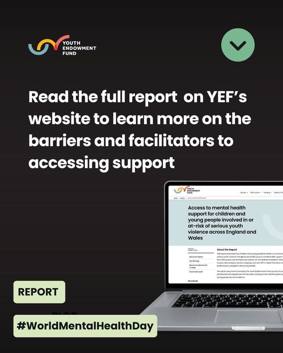 YouthEndowFund's tweet photo. New report alert: Young people at risk of violence are too often excluded from mental health support — unless they offend first.

The report was commissioned by the Youth Endowment Fund, as part of a wider partnership with @educationgovuk, looking at how well the system protects young people at risk of violence.

🔗 Read the full report https://t.co/2GOSw3ZTwj 

#WMHD25 #WorldMentalHealthDay #EarlyIntervention #ViolencePrevention