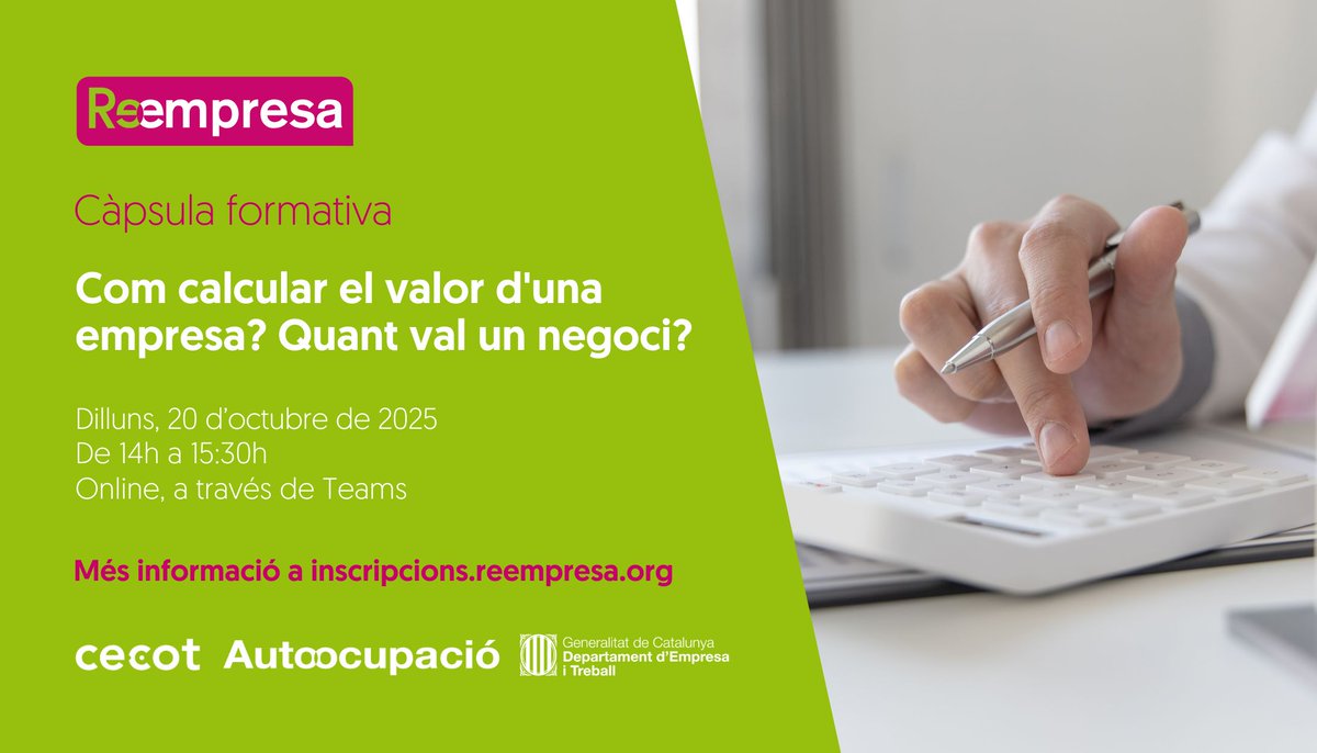 Reempresa's tweet image. Vine a la propera #càpsula #formativa de Reempresa i descobreix eines i mètodes pràctics per valorar un negoci 💼💡

🗓️ 20/10 
🕖 De 14h a 15:30h 
💻 Online

Inscriu-te 👉 curt.cat/r.php?c=K3v7nRh