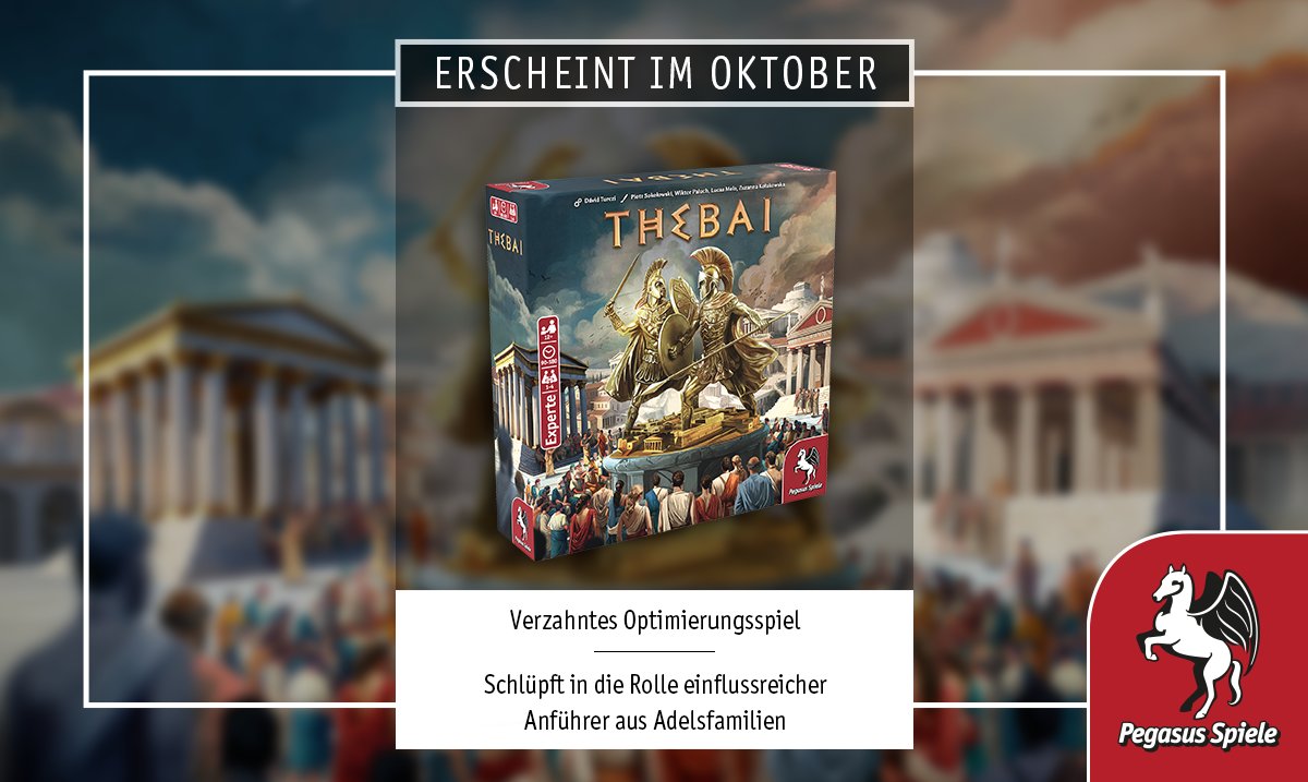 In dem Optimierungsspiel THEBAI schlüpft ihr in die Rollen von Oberhäuptern bedeutsamer Adelsfamilien. Eure Aufgabe ist es die Zitadelle von Theben wiederaufzubauen, den Handel aufleben zu lassen und Gebete an die Götter zu richten. Das Expertenspiel erscheint im Oktober.