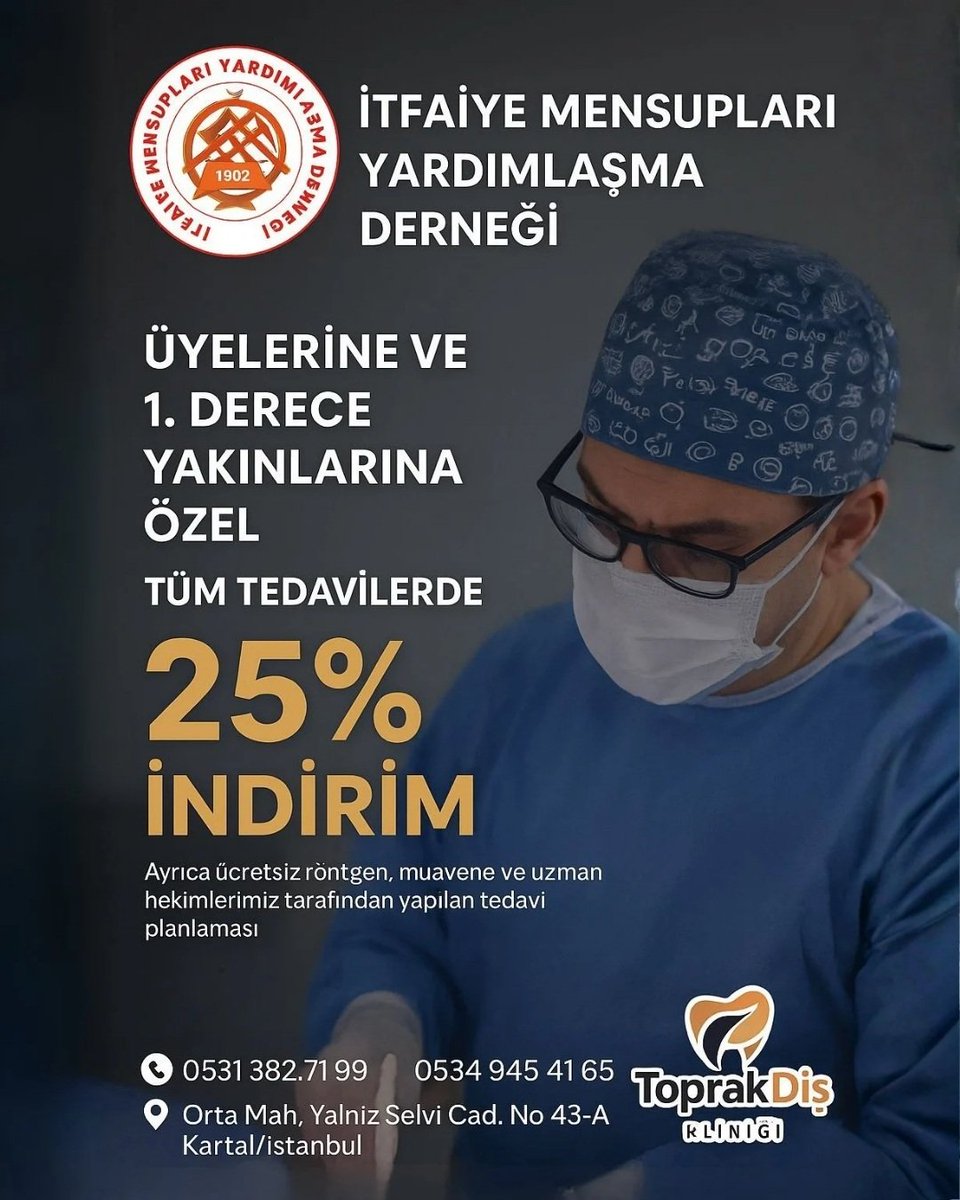 #Kartal Toprak Ağız ve Diş Sağlığı Polikliniği ile İMED  #itfaiye Derneğimiz arasında indirim anlaşması yapılmıştır. Anlaşma gereği üyelerimize ve 1.derece yakınlarına tüm Tedavilerde  yüzde 25 indirim uygulanacaktır. Hayırlı olsun. 
#İMED YÖNETİM KURULU 

itfaiyedernegi.com/anlasmali-kuru…