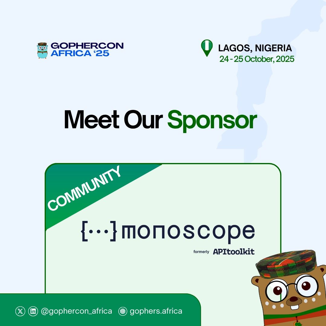 Gophercon Africa (@gophers_africa) on Twitter photo Excited to announce <a href="/monoscope_tech/">monoscope</a>  returns for #GopherConAfrica2025 as Community Sponsor! 🚀
Their open-source AI platform helps dev teams see, debug & monitor software systems in real-time.
tickets: gophers.africa/#TicketSale 
#Golang #community Excited to announce <a href="/monoscope_tech/">monoscope</a>  returns for #GopherConAfrica2025 as Community Sponsor! 🚀
Their open-source AI platform helps dev teams see, debug & monitor software systems in real-time.
tickets: gophers.africa/#TicketSale 
#Golang #community