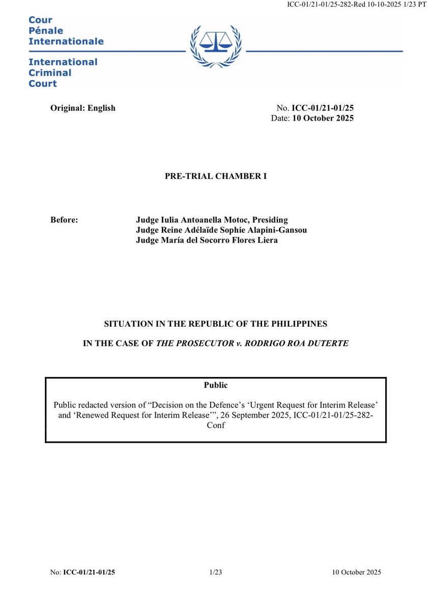 zenhernandez's tweet image. BREAKING: The International Criminal Court has REJECTED former Philippine President Rodrigo #Duterte’s request for interim release and orders his continued detention. #ICC