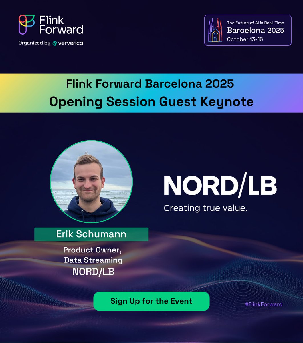 🏦Real-time data quality is critical for commercial banks. Discover how NORD/LB tackles this at Flink Forward Barcelona 2025 with Erik Schumann.

🎟️Secure your ticket: hubs.li/Q03Mg0Mz0

#ApacheFlink #StreamingData #FlinkForward
