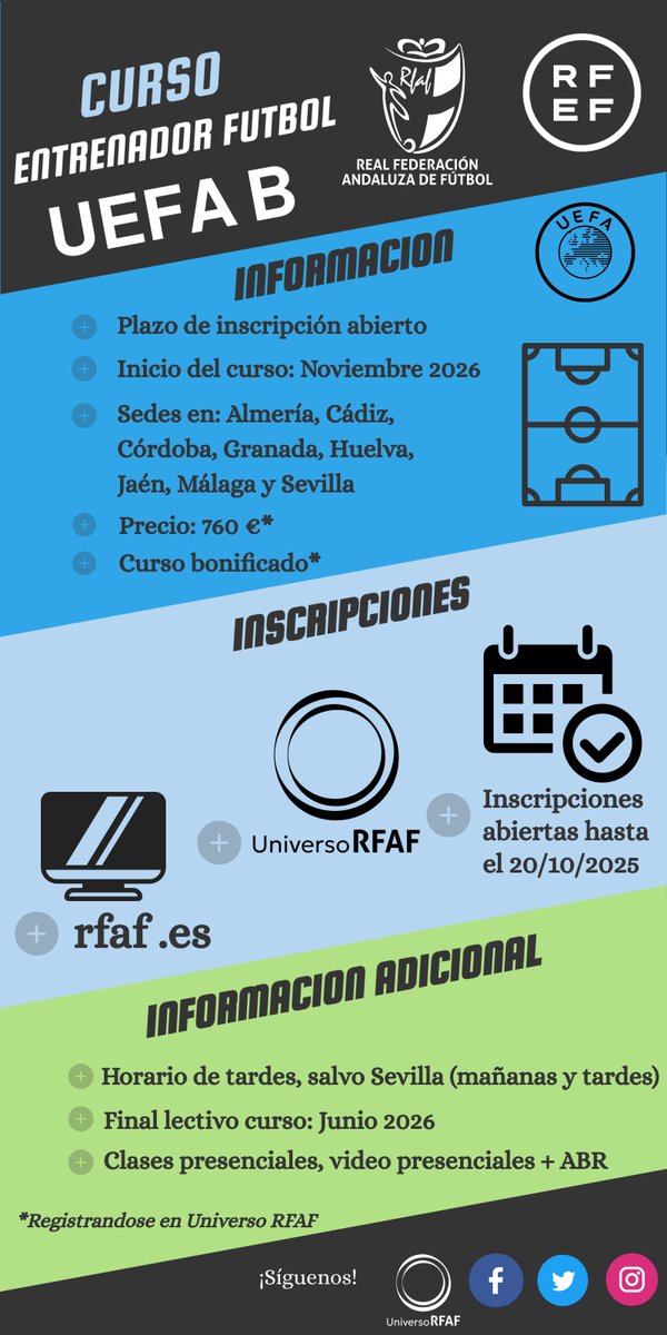 CALIDAD | CONFIANZA

⚽️Entrenador de Fútbol #UEFAB

🔊ABIERTAS inscripciones 2025/26

🔋Precio: 760€* BONIFICADO #UNIVERSORFAF

🗓️Inicio de los cursos en Noviembre

rfaf.es/pnfg/NNws_ShwN…

#FormacionRFAF