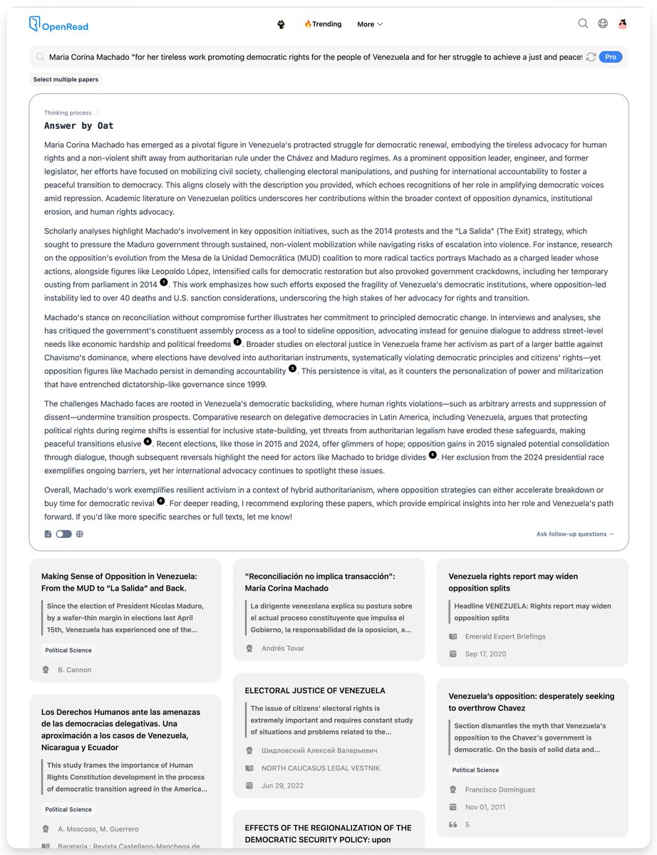 <a href="/NobelPrize/">The Nobel Prize</a> The literary analysis about Maria Corina Machado behind the Nobel Prize:

Scholarly analyses highlight Machado's involvement in key opposition initiatives, such as the 2014 protests and the "La Salida" (The Exit) strategy, which sought to pressure the Maduro government through