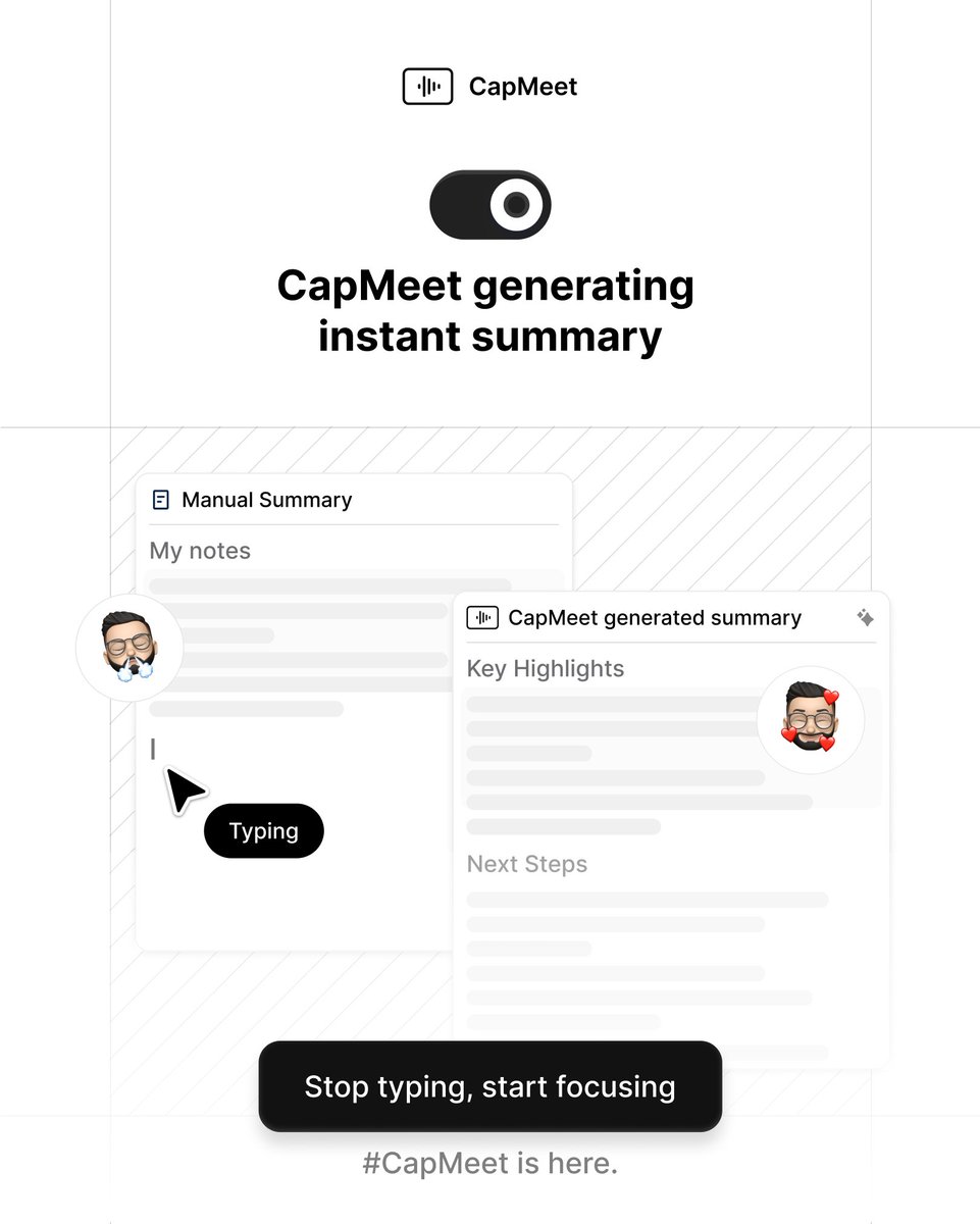 🧠 Stop typing. Start focusing.

Meet CapMeet Beta by <a href="/NFNLabs/">NFN Labs 🔥</a> — your AI meeting assistant 

📹 Record meetings
📝 Get instant AI summaries
💬 Ask questions on transcripts
🔗 Share notes

💻 For Windows &amp; macOS 

Try now: capmeet.ai 

#CapMeet #AItools #Productivity