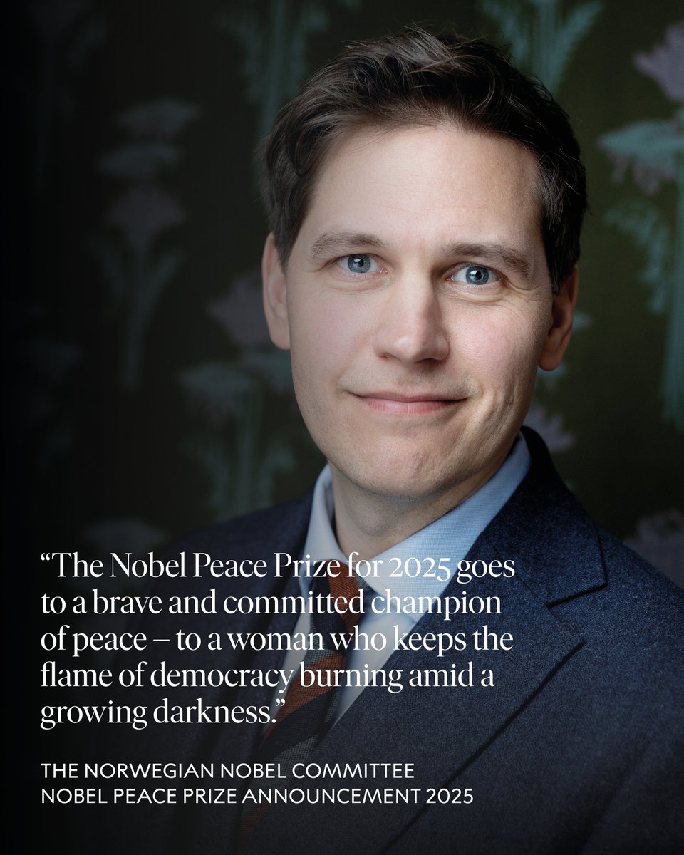 “The Nobel Peace Prize for 2025 goes to a brave and committed champion of peace – to a woman who keeps the flame of democracy burning amid a growing darkness.”

The Norwegian Nobel Committee, Nobel Peace Prize Announcement 2025.

The 2025 #NobelPeacePrize is awarded to Maria