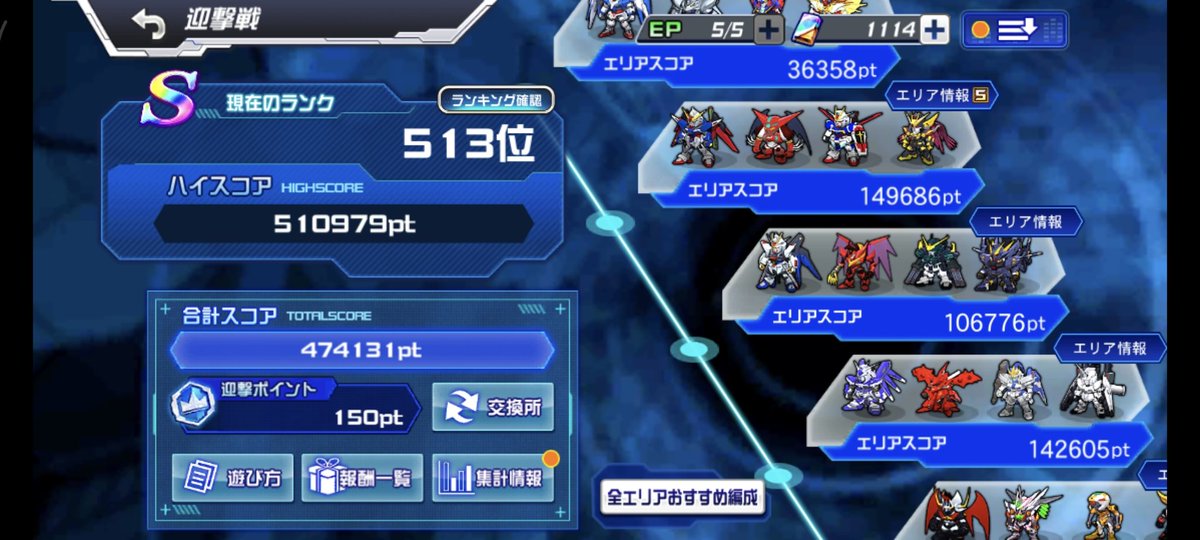 先月、おすすめ編成機能はまだ使えないと分かったので編成&amp;装備だけマニュアル、戦闘はフルオートでやってみてこのスコア。
フルオートでの60万はまだ遠そうです

#スパロボdd
#迎撃戦