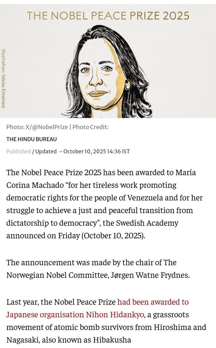 LearnConcisely's tweet image. Nobel Peace Prize 2025 to Maria Corina Machado.
Trump has to wait.