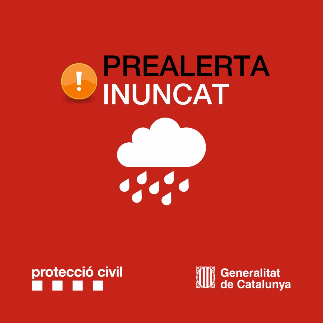 🌨 Prealerta #INUNCAT

Avís per intensitat de pluja (40 l/m2 en 30 minuts) dissabte i diumenge, principalment a les Terres de l'Ebre

❗️Precaució en els desplaçaments per carretera i activitats a l'exterior i en zones inundables