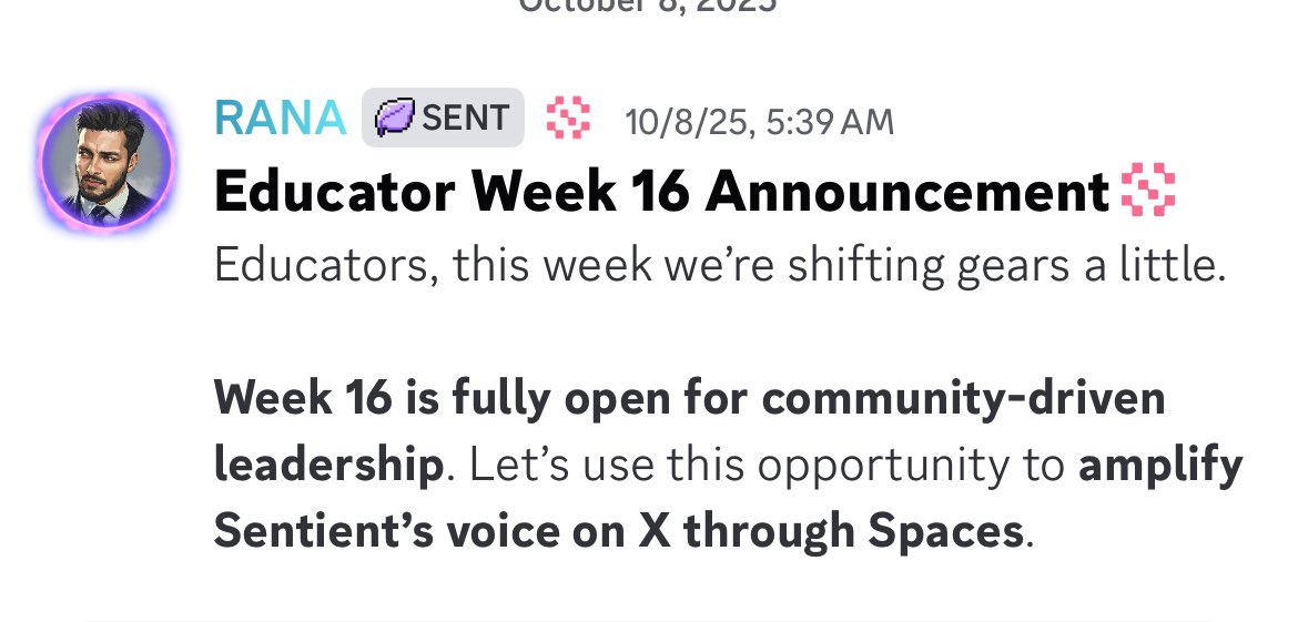 ayobami_al's tweet image. just got promoted to the l3 role on the @SentientAGI discord as an educator, and i’m not slowing down, my next target is the “early agi” role.

and week 16’s new direction is the perfect time to step up.

sentient has officially shifted the educator program into a community-led…