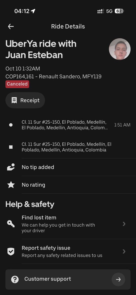 thekrzi's tweet photo. @Uber_Col I need a human to review my ride. My driver dropped me off at my destination and decided to not end the trip. I did not notice until you guys sent me a safety alert. And now I was charged 5x the amount and the review system is using canned responses. https://t.co/vJ0oCQole0