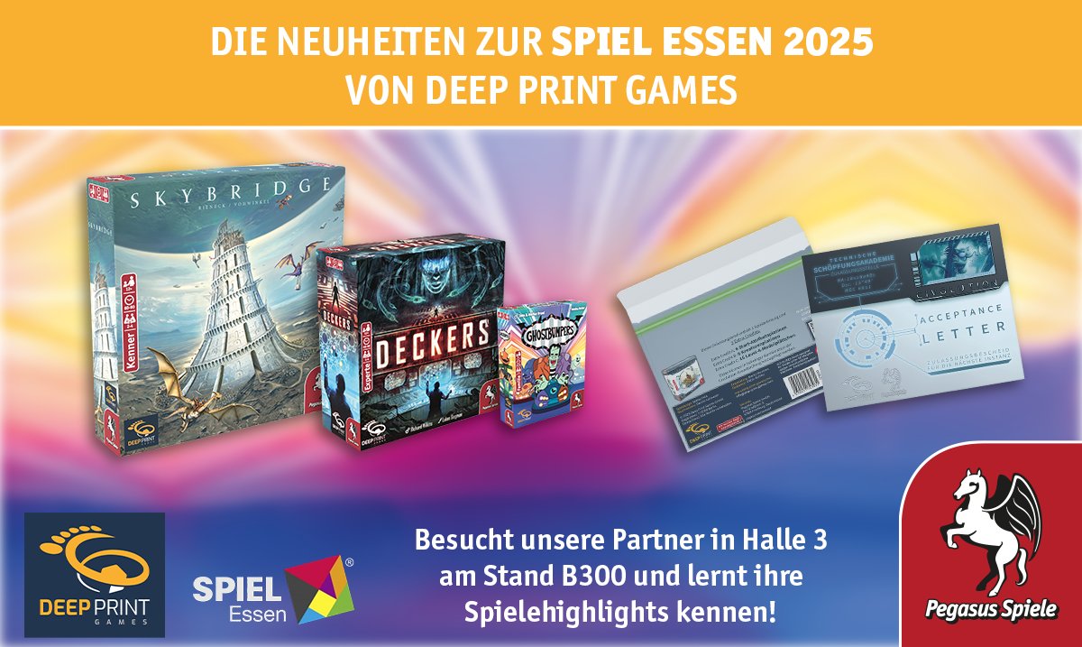 Unser Partner Deep Print Games hält einige Neuheiten auf der SPIEL Essen für euch bereit! Schlüpft in die Rolle von Hacker*innen in DECKERS, zockt mit GHOSTBUMPERS ein außergewöhnliches Stichspiel und taucht mit SKYBRIDGE in die fantastische Welt THRAEN ein.
Halle 3, Stand B300.