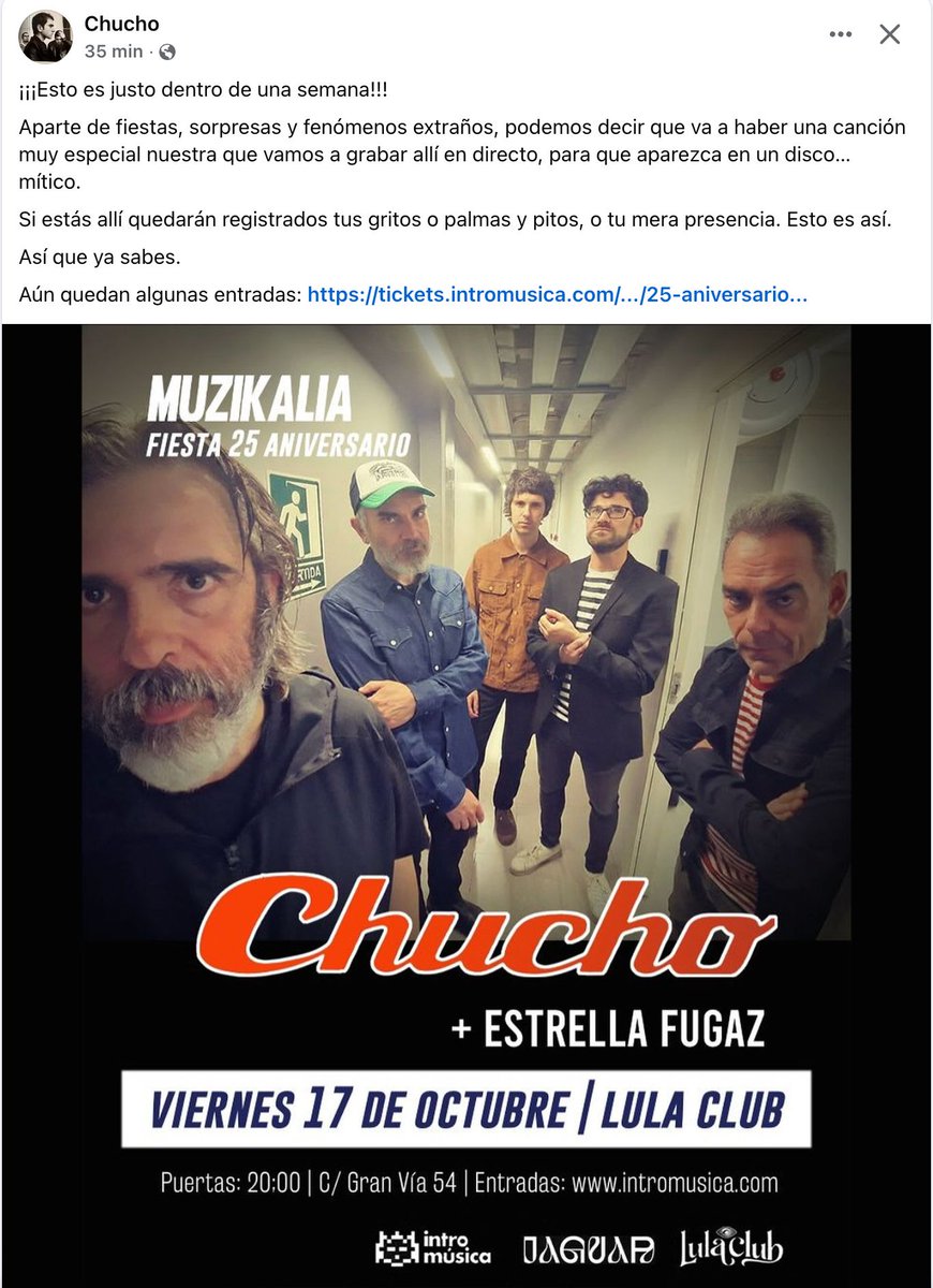 💥 Queda una semana para la fiesta 25 aniversario de Muzikalia, en la que prometimos alguna sorpresa. Una de ellas la desvelan Chucho en este anuncio de hoy. Si no quieres perdértelo y quieres acompañarnos, todavía quedan entradas aquí 👉  buff.ly/8VJiOsC <a href="/chuchoperdido/">Chucho</a>