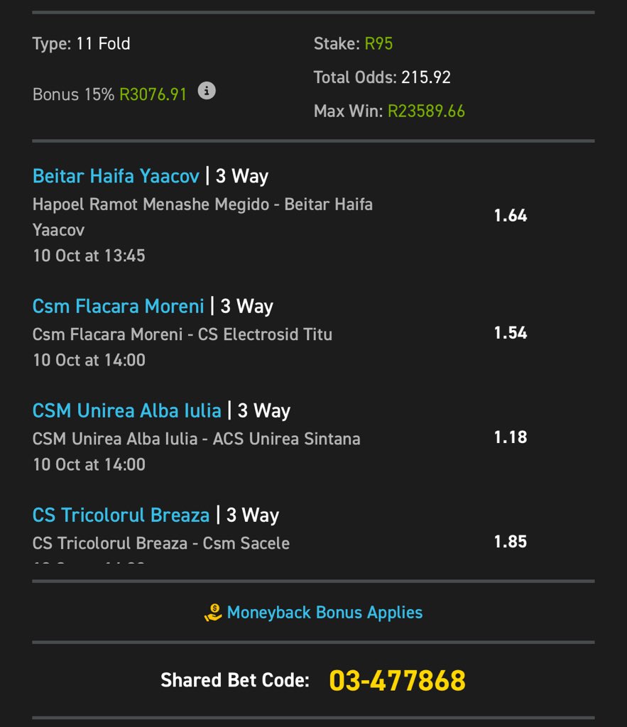 Booking code: 03-477868

Odds : 215plus 

Betslip link: easybet.co.za/sports?bookedB…

Not yet on easybet? You Missing out big! 

Join easybet here: http://
ebpartners.click/o/65n4N2?lpage…

Get R50 sign up bonus + 25 Bonus Spins, 150% first deposit match  15% weekly cashbacks

When you use