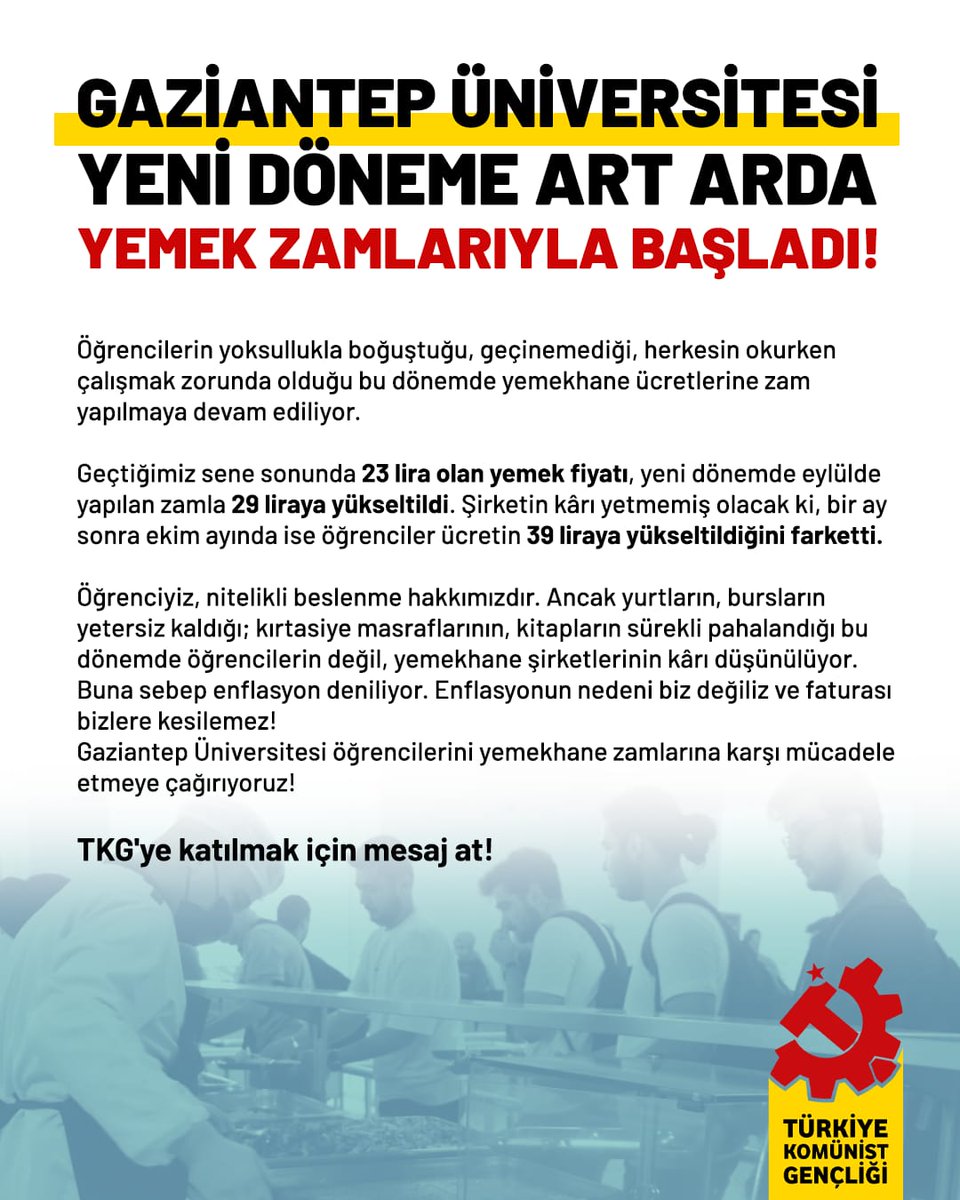 Gaziantep Üniversitesi öğrencilerini yemekhane zamlarına karşı mücadele etmeye çağırıyoruz!
#Gaziantep #GaziantepÜniversitesi #TürkiyeKomünistGençliği