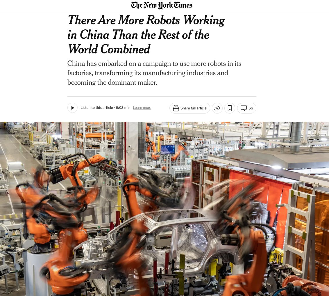 An article screenshot from The New York Times titled There are more working robots in China than the rest of the world combined with subtitle China has embarked on a campaign to use more robots in its factories transforming dominant manufacturing industries and becoming the dominant maker. Below the text a large overhead photograph displays a vast factory floor filled with numerous industrial robotic arms in various colors like red blue and yellow actively operating on automotive assembly lines with car bodies and parts visible amid the machinery.