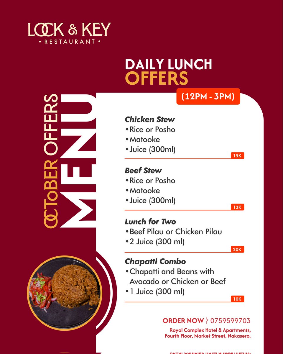 LockandKeyUG's tweet photo. OCTOBER JUST GOT TASTIER
From energizing breakfasts to tasty lunches - we’ve gotsomething for everyone.
- Kids Breakfast Menu
- Daily Breakfast Menu
- Daily Lunch Menu
📍Royal Complex, Market Street, Nakasero
📞 Order Now: 0759 599 703
#LockAndKeyUg #OctoberOffers