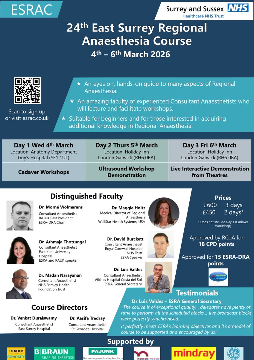 eastsurreyRA's tweet photo. #ESRAC2026 #REGIONALANAESTHESIA 
Thank you @ESRA_Society @RegionalAnaesUK @RCoANews  @docmorne @HoltzMaggie @MadanNarayanan @athmathottungal @mariapsebastian @DavidBstl @KiJinnChin @amit_pawa @ajrmacfarlane @nathaslam  @ashwani_doc https://t.co/rHiD1DjZmX