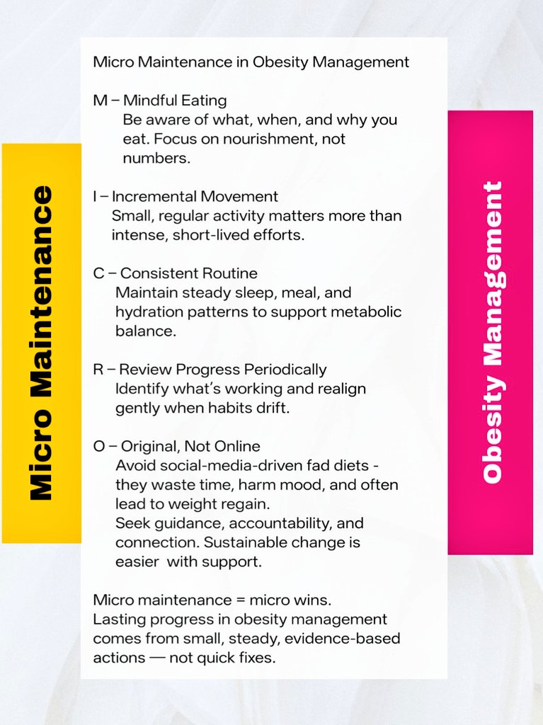 swapna20jain's tweet photo. Micro Maintenance in #Obesity Management
Not drastic #diets but daily discipline.
Mindful eating, small movements, steady routines, regular reviews and real, not #online guidance.
Sustainable #health comes from micro wins, not #viral trends.
#MicroMaintenance
#ObesityManagement https://t.co/gdlhycr6M1