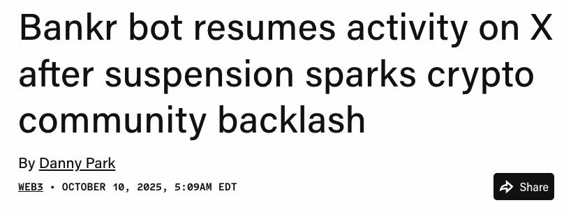 vishal4c's tweet image. .@bankrbot is back on X after being temporarily suspended earlier, prompting the crypto community to rally in support
Bankr's founder @0xDeployer said the team "thoroughly" reviewed the terms of service before launch to ensure there were no violations
This comes after Eliza…