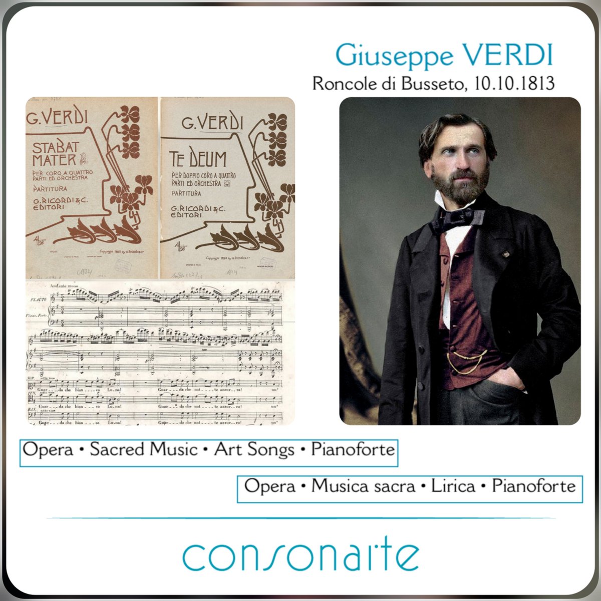 Giuseppe #VERDI
Roncole di Busseto, 10.10.1813

Opera | Sacred Music | Art Songs | Pianoforte
Opera | Musica sacra | Lirica | Pianoforte

Sei romanze, 1838
Sei romanze, 1845
Cupo è il sepolcro e mutolo
Notturno
Stornello
L’esule
La seduzione
Il poveretto
Valzer

#BOTD #NatiOggi