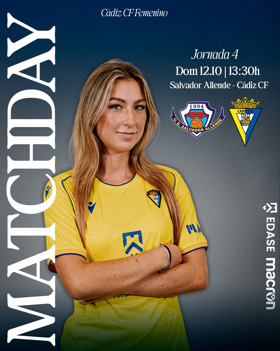 Cadiz_CFFem's tweet image. 💛💙 #MatchDay

¡HOY ES DÍA DE PARTIDO!
¡HOY JUEGA EL CÁDIZ CF FEMENINO!

🆚 Salvador Allende
  
📌 Jornada 4 del #GrupoX de #TerceraRFEFFEM 
⏰ 13:30 horas

 #SalvadorAllendeCádizCF🔵💛