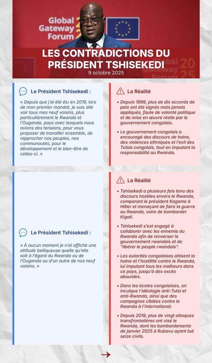 Rwandarwanjye's tweet image. Behind the talk of “peace,” DRC under Tshisekedi continues hostile rhetoric, airspace violations, hate campaigns, and support for FDLR militias.
Peace exists on paper what’s missing is political will.

#FactCheck #DRC #Rwanda #GreatLakesPeace