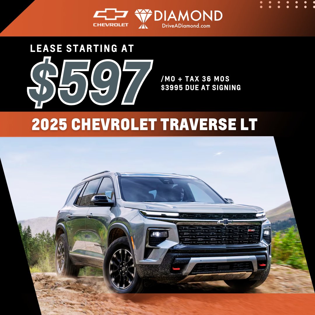 DiamondChevySB's tweet image. 🧭Ready for a Fall Refresh?
Take on the season in comfort! 🍂 Lease the 2025 Chevrolet Traverse LT for just $597/mo + tax! 🚗✨ #TraverseTime #FallDrive #ChevyFamily

Shop For Yours at 👉 p1.tt/48m0Z7v