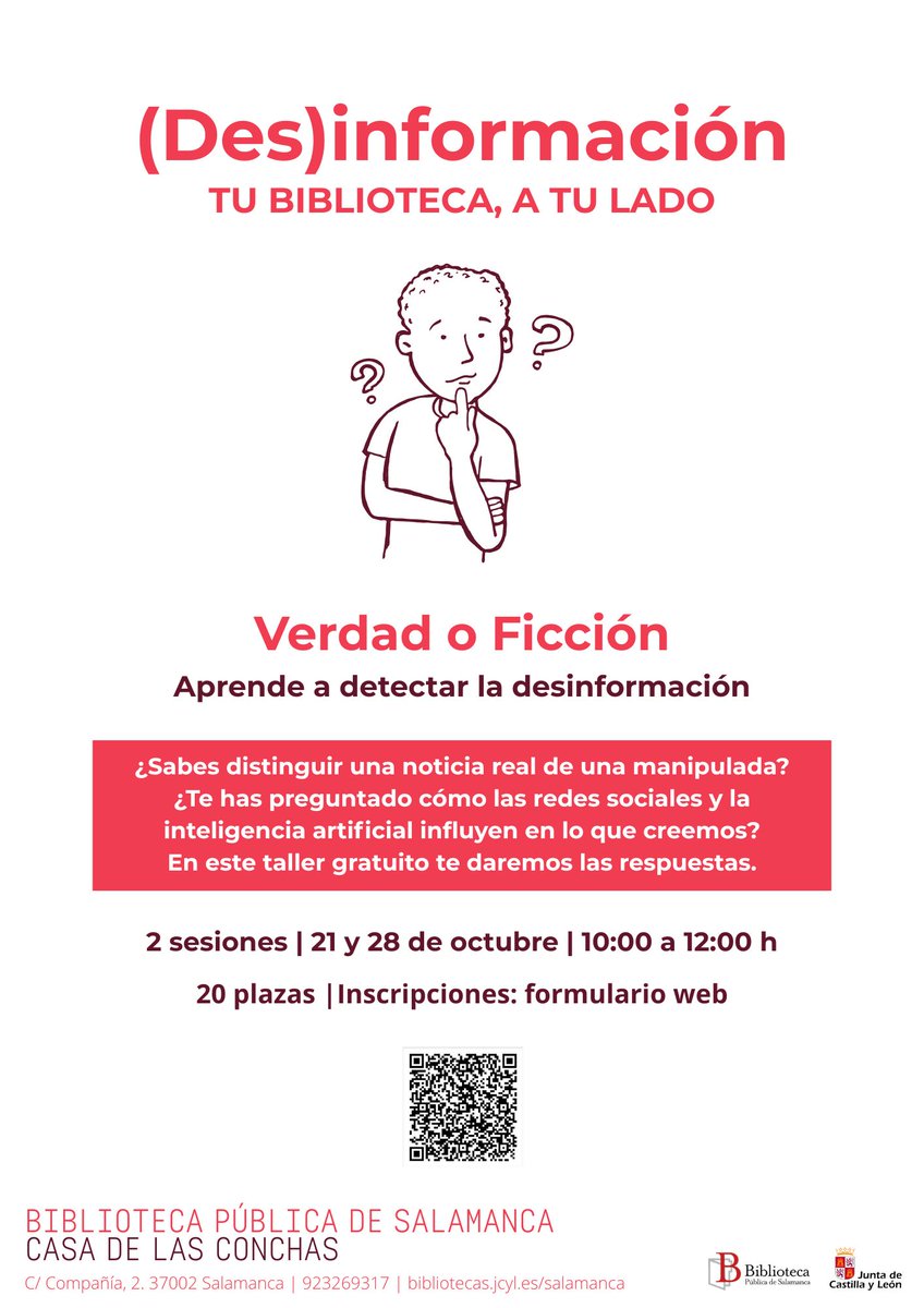 casaconchas's tweet photo. ¿Sabes distinguir una noticia real de una manipulada? ¿Te preguntas cómo las #RRSS y la #IA influyen en lo que creemos? 
En este taller GRATUITO, y desde la #biblioteca,te damos algunas respuestas.
21 y 28 octubre,10 h.
2 sesiones,4 h.
+Info e Inscripción: https://t.co/acxBbVdKFu https://t.co/dgHLiCUtHQ