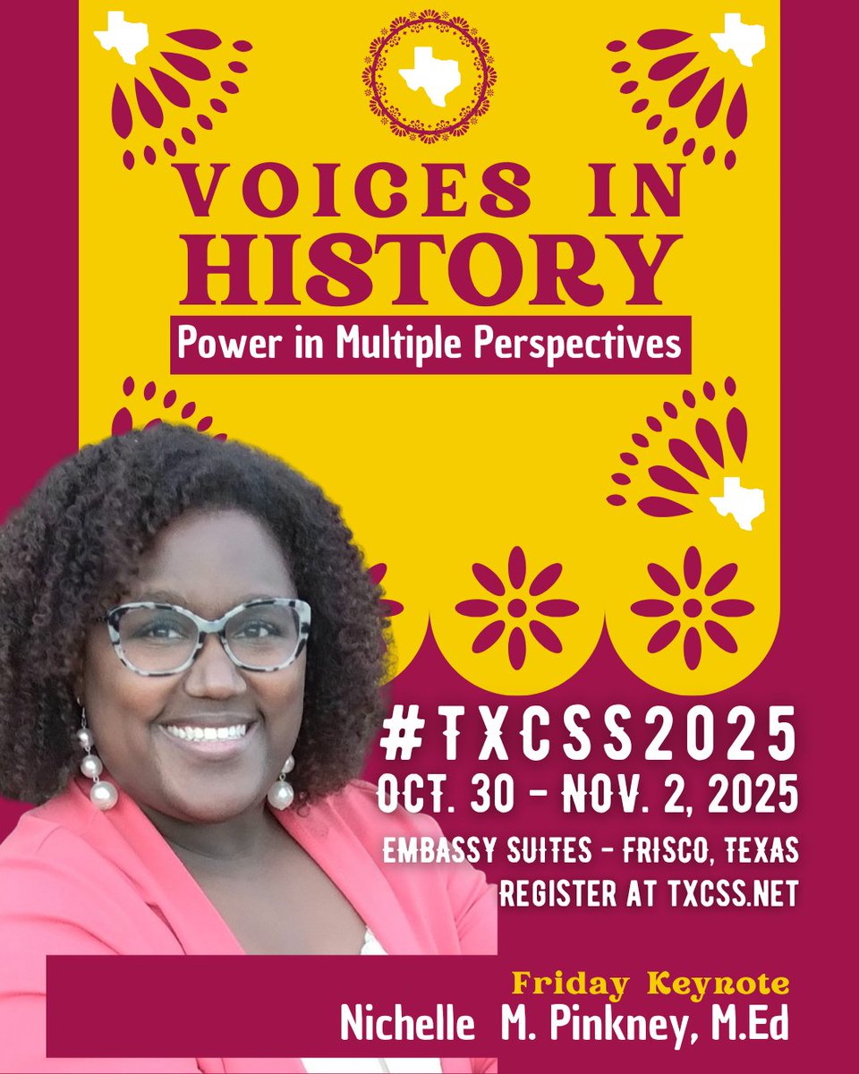 TxSocialStudies's tweet image. 📢How do we help students connect through conversation? Join our Friday keynote, Nichelle Pinkney at TXCSS as she explores how civil discourse and the power of perspectives build understanding and community. #TXCSS2025 #VoicesInHistory Register at txcss.net